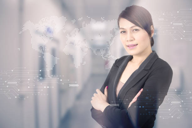 istock Business woman with against high tech background 1064421088