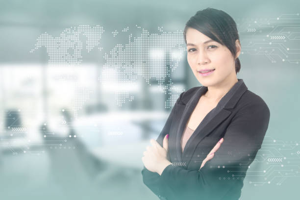 istock Business woman with against high tech background 1064421118
