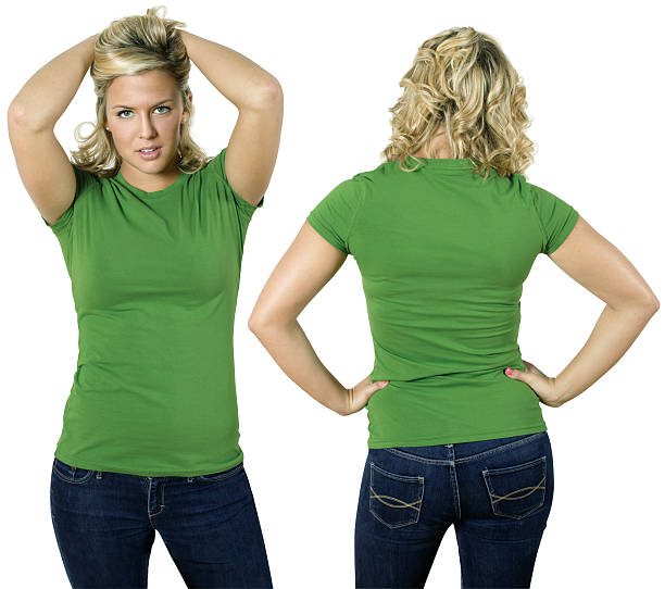 istock Blond female with blank green shirt 106443486