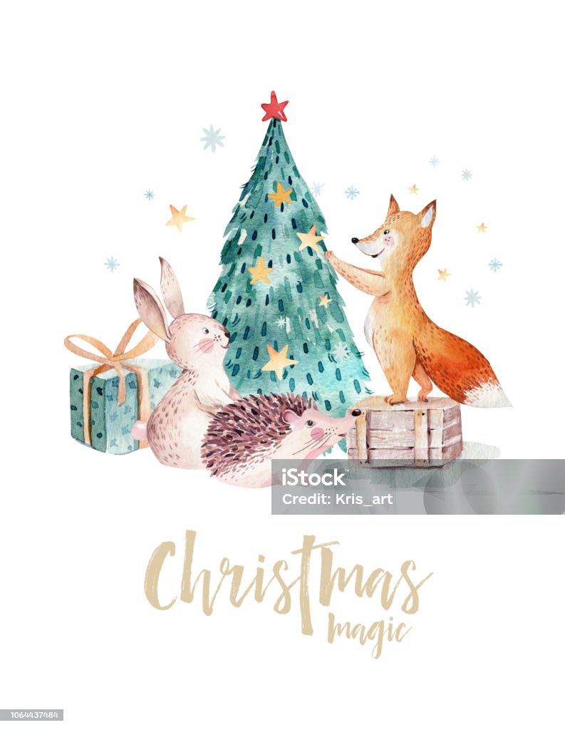 Watercolor gold Merry Christmas illustration with snowman, christmas tree , holiday cute animals fox, rabbit and hedgehog . Christmas celebration cards. Winter new year design. Watercolor Merry Christmas illustration with snowman, christmas tree , holiday cute animals fox, rabbit and hedgehog . Christmas celebration cards. Winter new year design. Watercolor Painting stock illustration