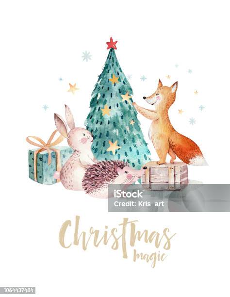 Watercolor Gold Merry Christmas Illustration With Snowman Christmas Tree Holiday Cute Animals Fox Rabbit And Hedgehog Christmas Celebration Cards Winter New Year Design Stock Illustration - Download Image Now