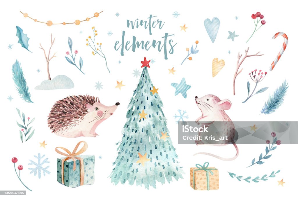 Watercolor gold Merry Christmas illustration with snowman, christmas tree , holiday cute animals fox, rabbit and hedgehog . Christmas celebration cards. Winter new year design. Watercolor Merry Christmas illustration with snowman, christmas tree , holiday cute animals fox, rabbit and hedgehog . Christmas celebration cards. Winter new year design. Hedgehog stock illustration