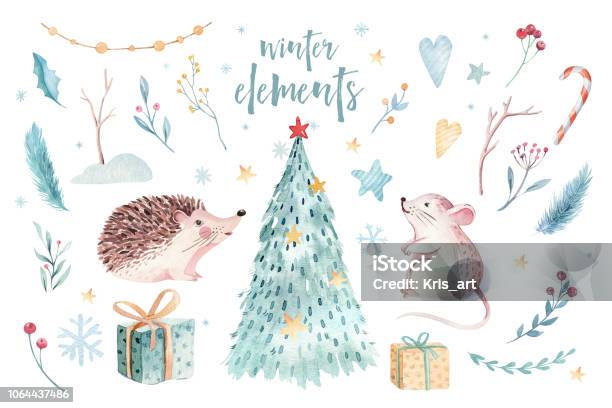 Watercolor Gold Merry Christmas Illustration With Snowman Christmas Tree Holiday Cute Animals Fox Rabbit And Hedgehog Christmas Celebration Cards Winter New Year Design Stock Illustration - Download Image Now