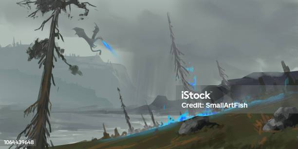 Dragon Land Fantasy Topic Spitpaint Concept Art Fast Drawings Sketch Paint Realistic Style Stock Illustration - Download Image Now