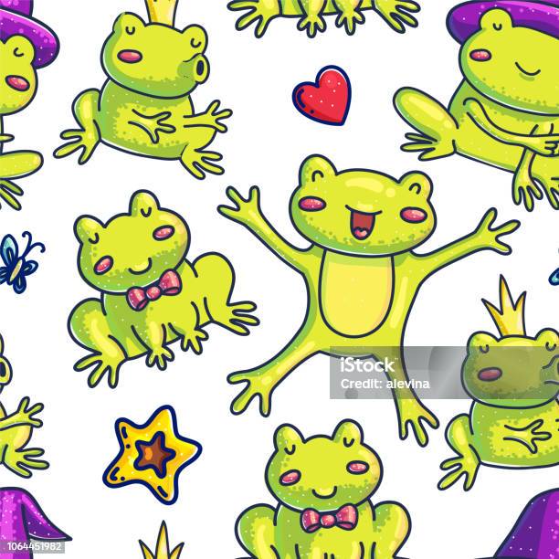 Frog Characters Hand Drawn Vector Seamless Pattern Stock Illustration - Download Image Now - Amphibian, Animal Wildlife, Backgrounds