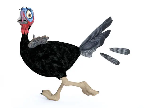 Photo of 3D rendering of a silly toon turkey running away scared.