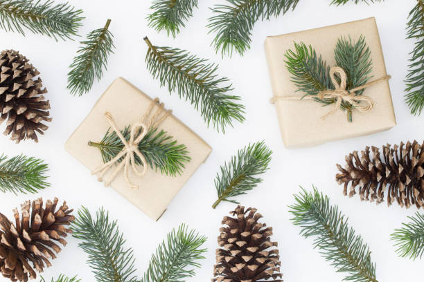 istock Top view of Christmas composition, gift box, pine cones, fir branches on white background 1064455780