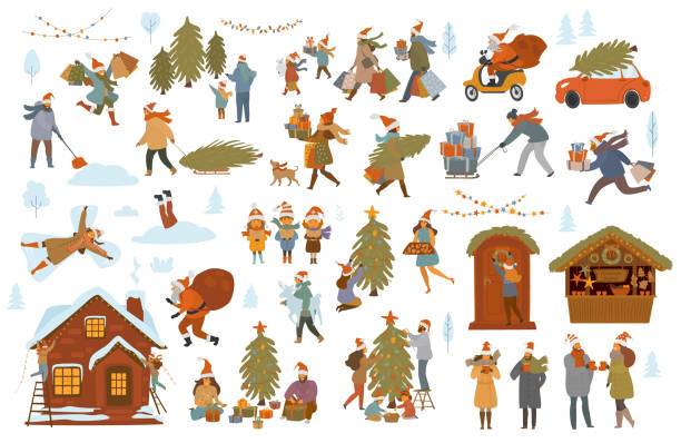 weihnachten winter leute, männer frauen kinder bereiten familie paar für xmas feier auswählen kaufen schmücken baum und haus mit lichtern, einkaufsmöglichkeiten zu fuß pack präsentiert - weihnachtsmarkt stock-grafiken, -clipart, -cartoons und -symbole