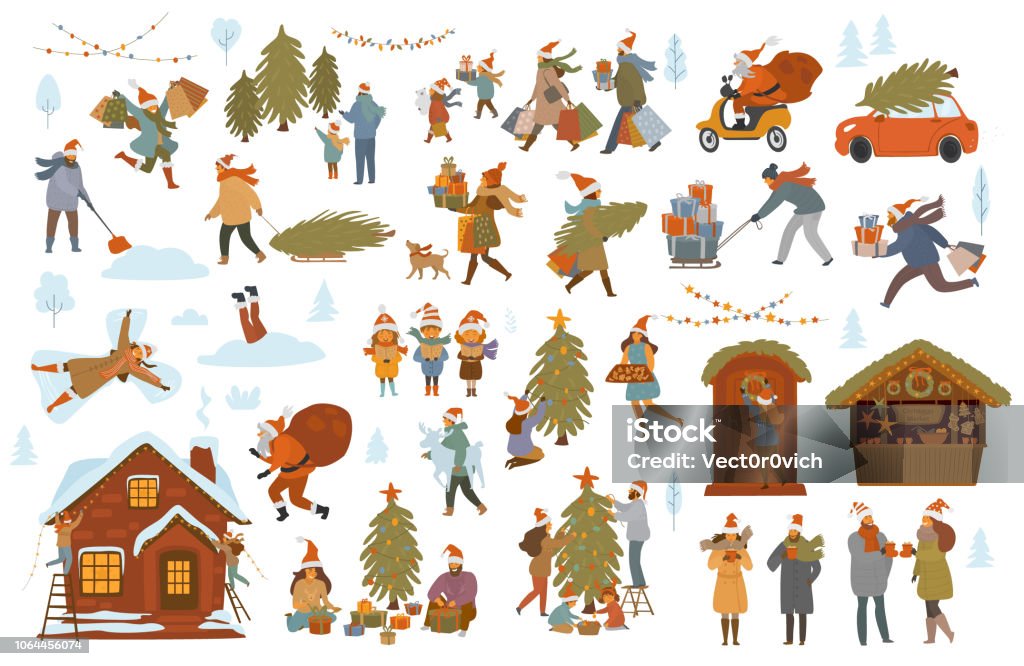 christmas winter people set, men women children family couple prepare for xmas celebration, choose buy decorate tree and house with lights, shopping walk pack presents christmas winter people set, men women children family couple prepare for xmas celebration, choose buy decorate tree and house with lights, shopping walk pack presents, drink mulled wine at christmas market scenes Christmas stock vector