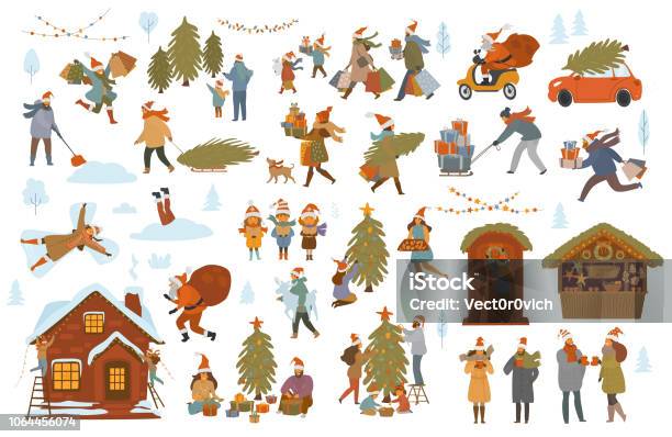 Christmas Winter People Set Men Women Children Family Couple Prepare For Xmas Celebration Choose Buy Decorate Tree And House With Lights Shopping Walk Pack Presents Stock Illustration - Download Image Now