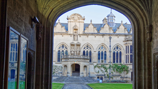 Oriel College, Oxford University, front gate and traditional buildings, England.