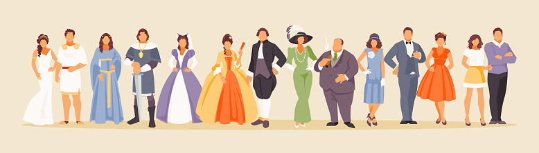 History of man and woman fashion from ancient times to the present. Development of mankind. Vector illustration of a large set of characters
