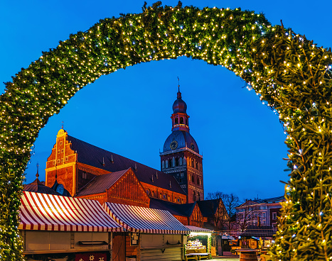 Riga cathedral near entrance to Christmas market