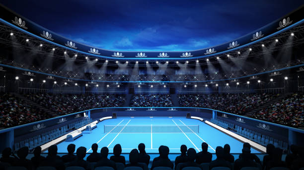 istock tennis stadium with night sky and spectators 1064467408
