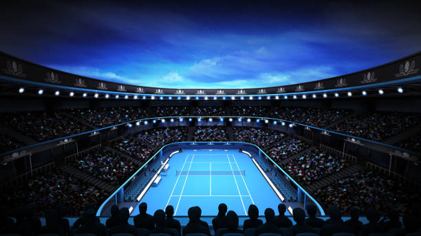 istock tennis stadium with night sky and spotlights 1064467446