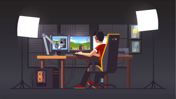 ilustrações, clipart, desenhos animados e ícones de jogador profissional de streaming ao vivo jogando jogo sentado na cadeira de jogos no interior da área de trabalho de estúdio em casa. configuração de streaming profissional serpentina. pc desktop, três monitores na mesa, microfone, espuma acústica.  - gaming systems