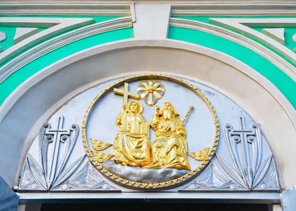 Decoration on the door of Holy Trinity Seraphim Diveevo monastery in Diveevo in Russia.