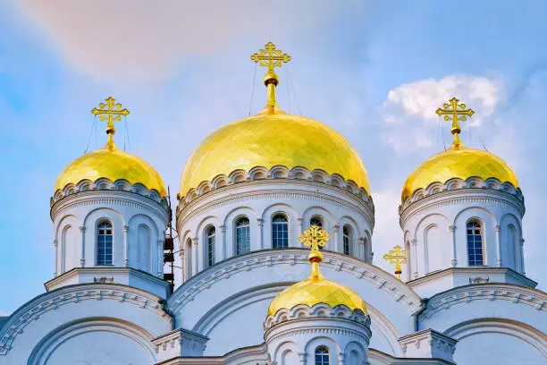 Domes of Holy Trinity Seraphim Diveevo monastery in Diveevo in Russia.