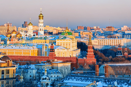 Aerial view of Kremlin and Moscow city in Russia in the evening.