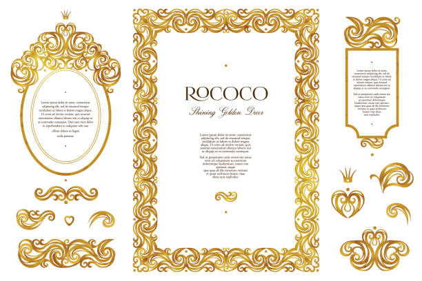 Vector set with golden frames and vignettes in Victorian style. Vector set with vintage frames, vignettes; ornate floral decor for design template. Victorian style gold element. Rococo. Arabic golden motifs. Ornamental illustration for invitation, greeting card. tracery stock illustrations