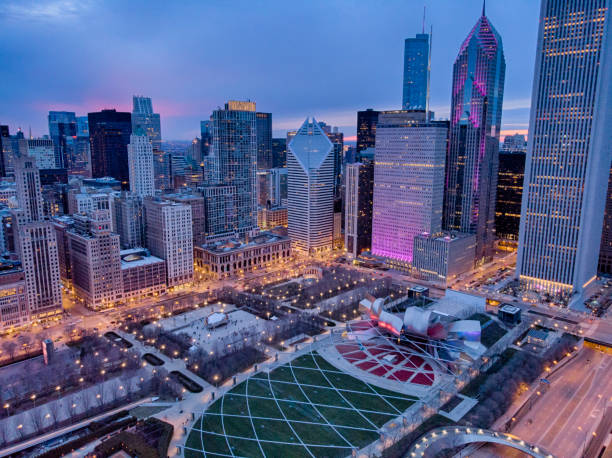 Chicago Cityscape millenium park aerial view at night