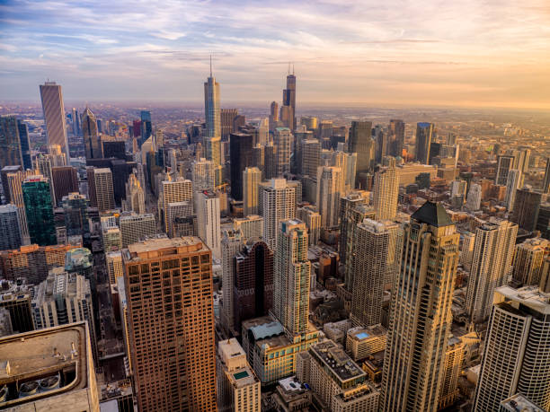 istock Chicago south skyline at sunset 1064475688