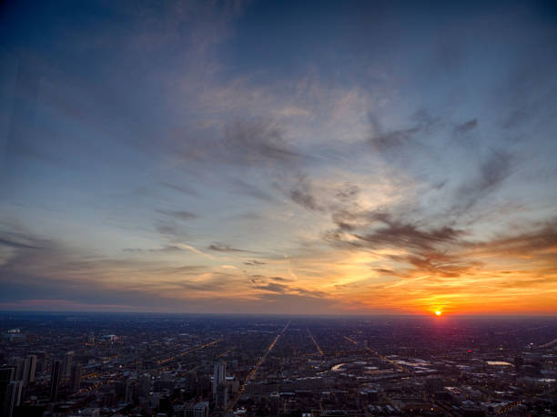 istock Chicago west view from above at colorful sunset 1064475820