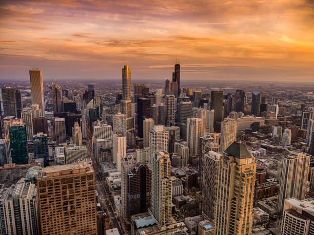 istock Chicago south skyline at sunset 1064475832
