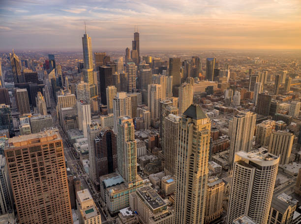 istock Chicago south skyline at sunset 1064475844