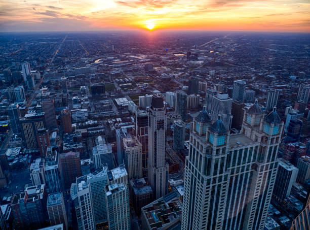 istock Chicago west view from above at colorful sunset 1064475864