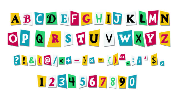 Vector letters cut paper from newspaper or magazines Vector letters cut paper from newspaper or magazines. Alphabet with capital letters, numbers, punctuation mark. Collage font print design anonymous letter stock illustrations