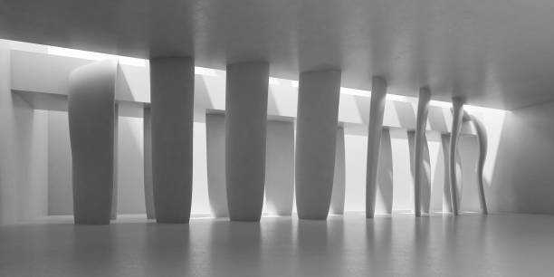 istock Abstract of concrete architecture space with rhythm of column and sun light cast shadow on the wall. 3D rendering 1064478182