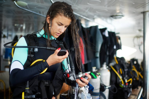 istock Female scuba diver checking oxygen reserve 1064480472