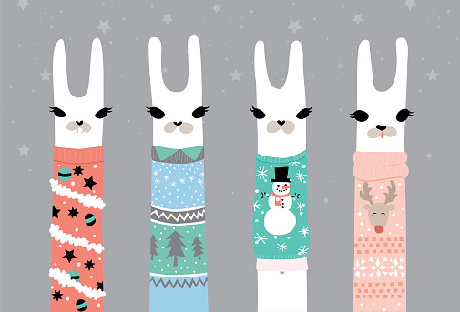 Llamas in funny ugly Christmas sweaters. Easy to edit global colours and separate layers
