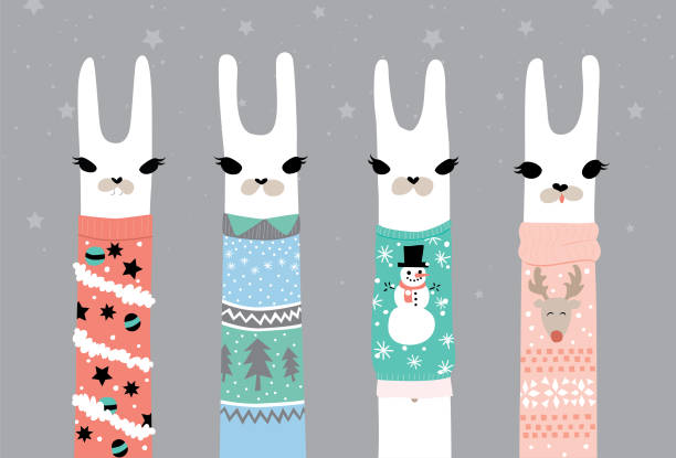 Ugly Sweater Christmas Llamas Llamas in funny ugly Christmas sweaters. Easy to edit global colours and separate layers bucktooth stock illustrations