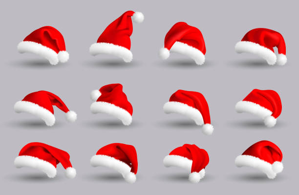 ilustraciones, imágenes clip art, dibujos animados e iconos de stock de colección de sombreros de santa claus rojo aislado sobre fondo gris. conjunto. vector ilustración realista. - christmas hat