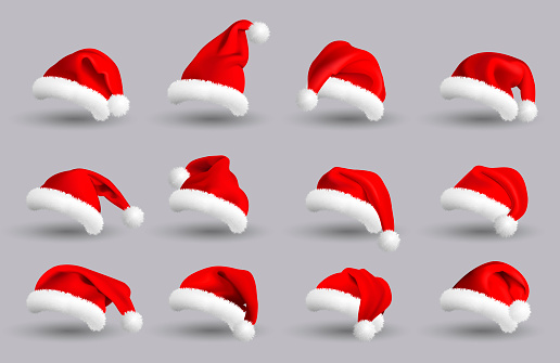 Set of Red Santa Claus Hats isolated on gray background. Vector Realistic Illustration.