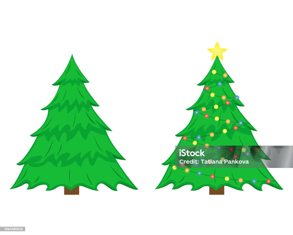 두 벡터 크리스마스 트리입니다 크리스마스 트리 꾸미기 전후 크리스마스 장식 플랫 고립 된 그림입니다 12월에 대한 스톡 벡터 아트 및  기타 이미지 - Istock