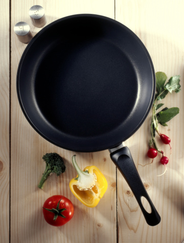 overlooking a Teflon pan on a kitchen counter
