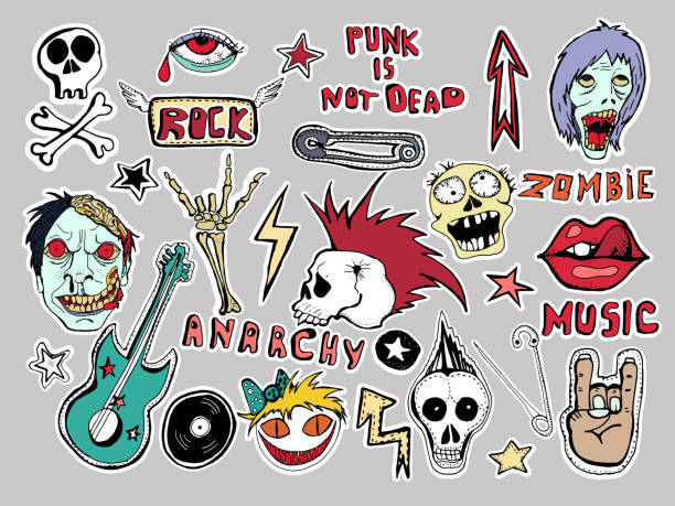 ilustrações de stock, clip art, desenhos animados e ícones de cute  patches and stickers collection. punk is not dead. hand drawn sketches. lips skull pins guitar stars arrows red eyes rock symbols zombies scary dead man vinyl record hand written tag lines. - arrow arrow sign red rock