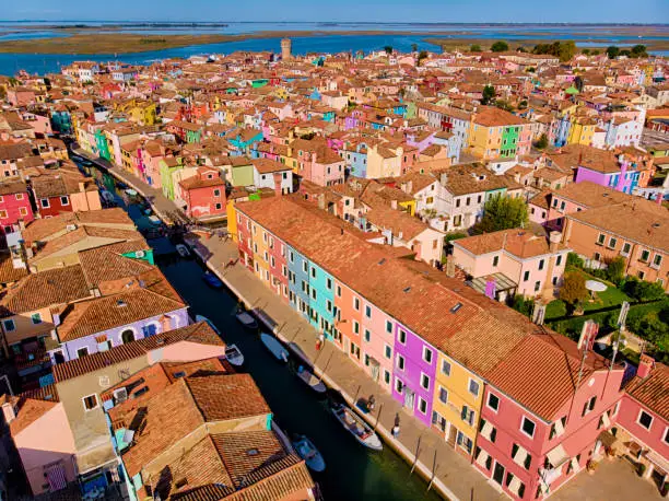 Aerial view of the colorful houses at the island of Burano, Venice