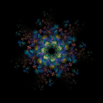 Colorful kaleidograph in red, white, and blues generated from a photograph