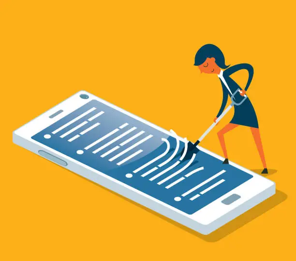 Vector illustration of Smartphone with cleaning - Businesswoman