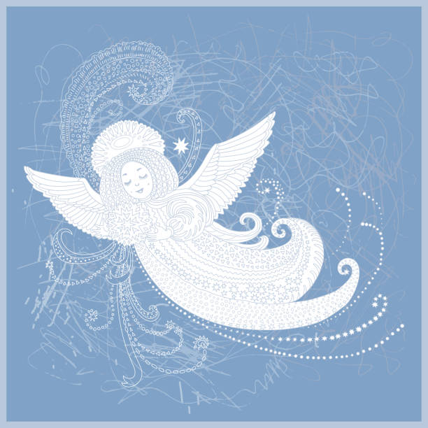 Vector fantasy Christmas angel with Magic star. New Year greeting card, Adults  and children coloring book page, T-shirt print . Light blue gray contour hand drawn contour line art on a grey background Vector fantasy Christmas angel with Magic star. New Year greeting card, Adults  and children coloring book page, T-shirt print . Light blue gray contour hand drawn contour line art on a grey background spirituality smiling black and white line art stock illustrations