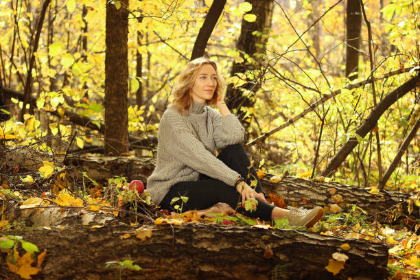 giovane bella ragazza in un maglione a maglia sullo sfondo del parco autunnale con foglie cadute - bench sitting tree apple foto e immagini stock