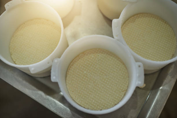 High angle shot of buckets of dairy produce ready to be turned into cheese in a factory on the farm