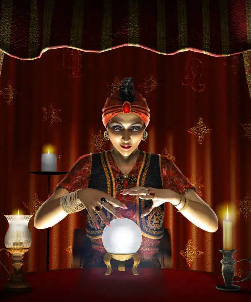 Dramatic concept of a mystic mystic, female Gypsy fortune teller with a lighted crystal ball in her tent, realistic 3d render