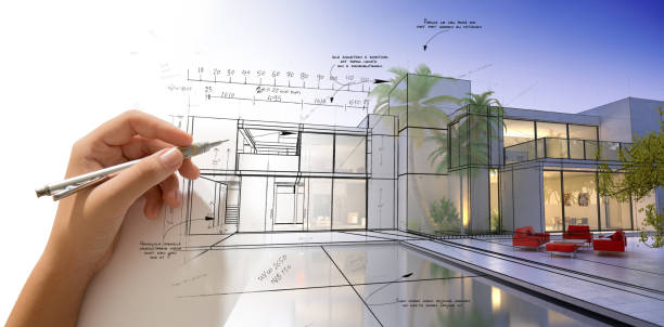 istock Hand drawing a designer villa with pool 1064514770