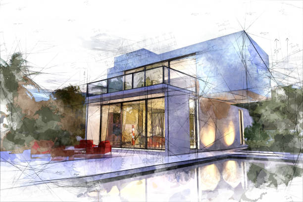istock Draft of white villa with pool 1064514790