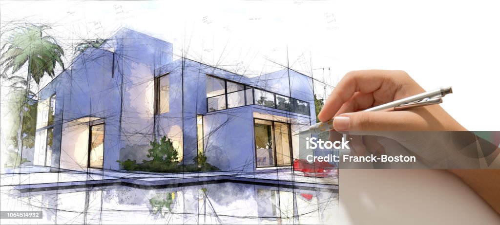 Hand drafting a luxurious house with pool Hand drafting a design villa with pool Architect Stock Photo